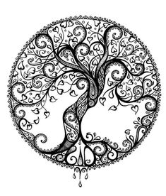 a drawing of a tree with swirls and leaves in the center, on a white background