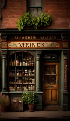 une image stylisée d'un magasin d'herboristerie Storefront Design Ideas, Indoor Shoot Ideas, Coffee Book Shop, Herbalism Apothecary, Victorian Apothecary, Hobbit Hole Decor, Lenox Spice Village, Spice Village, Apothecary Shop