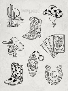 Country engraving tattoo flash, cowboy woodcut tattoo flash Western Theme Tattoo Sleeve, Western Flash Sheet, Western Outlaw Tattoo, Cowgirl Tattoos For Women, Country Themed Tattoos, Polaroid Tattoo Design, Small Native American Tattoos, Western Fine Line Tattoo