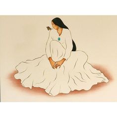 a painting of a woman sitting on the ground wearing a white dress and holding a flower in her hand