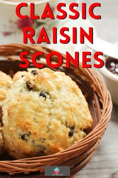 a basket filled with scones sitting on top of a table