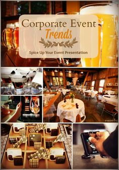 a collage of photos with the words corporate events on it and images of people at tables