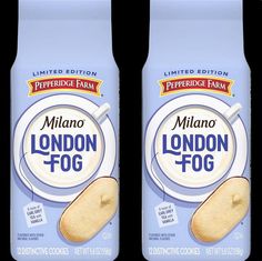 two bottles of pepperidge farm's london fog are shown in this image, one is blue and the other is white