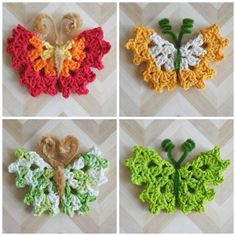 four crocheted butterflies are shown in three different colors