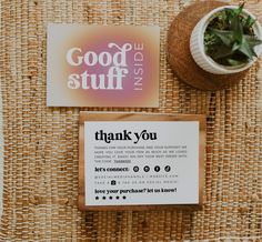 thank you cards and a plant on top of a woven placemat with good stuff inside