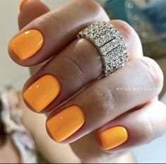 Dip Powder Nails Orange, Orange Shellac Nails, Orange Gel Nails Short, Bright Dip Nails, Short Bright Nails, Short Orange Nails, Tangerine Nails, Nail Colors Spring, Nail Art Designs For Summer