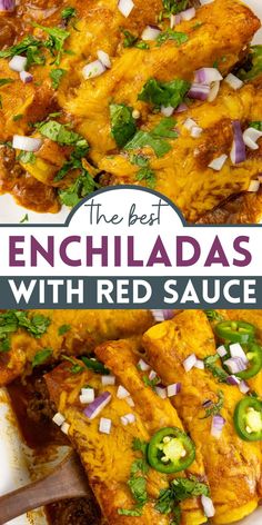 the best enchiladas with red sauce and green peppers on top are ready to be eaten