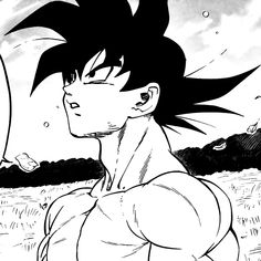 a black and white drawing of a young gohan with his hair blowing in the wind