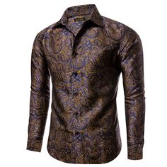 Long Shirt Brown Blue Yellow Jacquard Button Silk Dress Shirt Elegant Long Sleeve Shirt With Paisley Print, Formal Long Sleeve Paisley Print Shirt, Elegant Patterned Shirt For Fall, Patterned Button-up Formal Shirt, Formal Patterned Button-up Shirt, Elegant Patterned Shirt With Paisley Print, Elegant Patterned Button-up Shirt, Elegant Formal Patterned Shirt, Elegant Patterned Formal Shirt