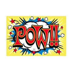 the word pow is written in red and blue with stars around it on a yellow background