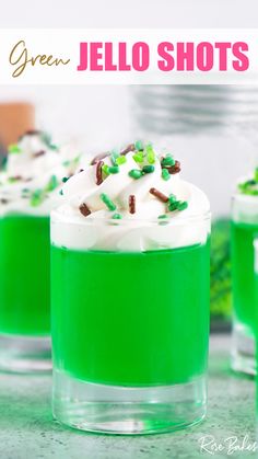 green jello shots with whipped cream and sprinkles