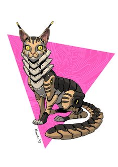 a cat sitting on top of a snake in front of a pink triangle with the letter v