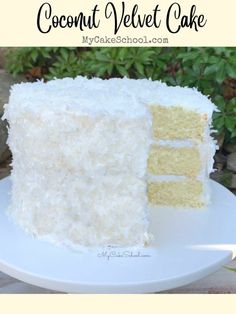 a close up of a slice of cake on a plate with the words coconut velvet cake