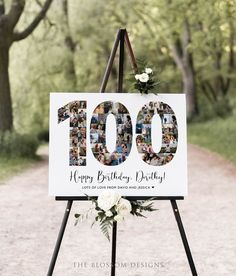 a sign that says 100th birthday with pictures on it and flowers in the middle