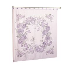 a shower curtain with purple flowers on it