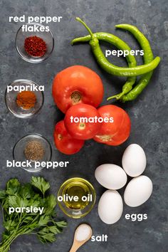 the ingredients to make this recipe include tomatoes, peppers, eggs and seasonings