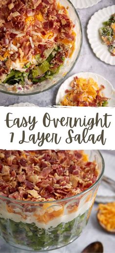 Collage of plateful of 7 layer salad at top and trifle dish full of 7 layer salad at bottom. Layer Salad With Peas, Romaine Lettuce Salad Recipes, Layered Salad With Peas, Overnight Salad, Bacon Mayo, Peas Bacon, Pea Salad With Bacon, Salad With Peas