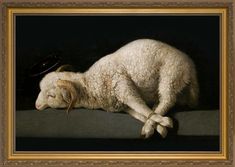 a painting of a sheep laying down with its head on it's hind legs