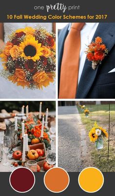 an orange and yellow wedding color scheme with sunflowers, roses, pumpkins