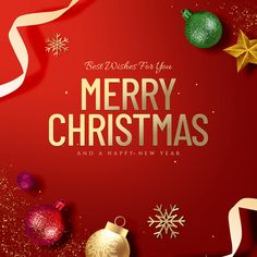 merry christmas and a happy new year greeting card with gold lettering on a red background