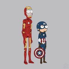 two cartoon characters standing next to each other in front of a gray background with the caption captain america and iron man