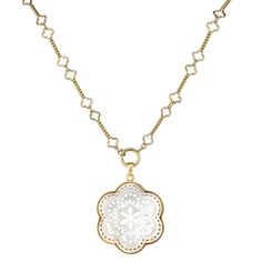 14k vermeil Tamarin Flower Pendant with mother of pearl. Paired here with our 14k vermeil quatrefoil chain. *Chain sold separately 1.75"W Mignonne Gavigan, Gold Dipped, Rag And Bone, Flower Pendant, Beautiful Bags, Jewelry Branding, Shoe Brands, Mother Of Pearl, Diamond Necklace