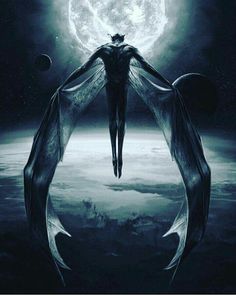 an image of a person standing in front of a full moon with wings spread out