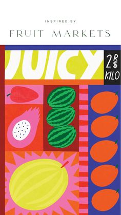 an advertisement for fruit market with colorful artwork on the front and back side of it