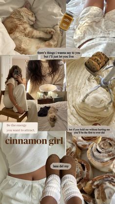 there is a collage of pictures with food and words on it, including cinnamon rolls