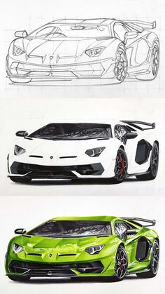 three different views of a green sports car