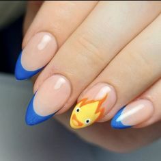 Nail Ideas Anime Simple, Nails Design Funky, Gel Nail Designs Colorful, Summer Gel X Nail Designs, Calcifer Nail Art, Charmander Nails, Howls Moving Castle Nail Design, Howls Moving Castle Nails Simple