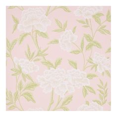 a pink wallpaper with white flowers and green leaves on the bottom half of it