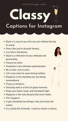 an info sheet with the words classy captions for instagrams on it