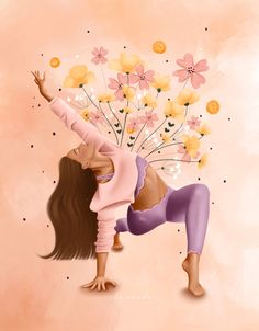 a woman is doing yoga with flowers in her head and arms behind her back, on a pink background