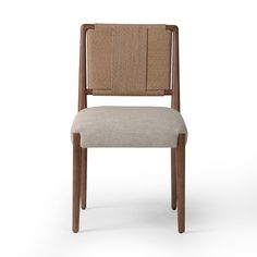 an upholstered chair with a wooden frame and fabric seat pad, viewed from the front