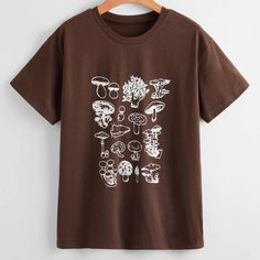 Brand New Xl(12) 97% Polyester, 3% Spandex Shein So Cute! I Purchased Two By Mistake. 10/10. Love It!! Grunge Style Aesthetic, Brown Mushroom, Mushroom Print, Tiktok Fashion, Brown Tshirt, Aesthetic Shirts, Bear Shirt, Round Neck Tops, Shein Tops