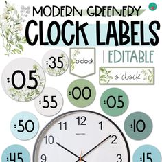 a large clock with numbers on the front and back of it, surrounded by stickers that read modern greenery clock labels