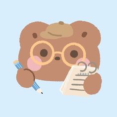 a brown teddy bear with glasses holding a clipboard and writing on it's paper