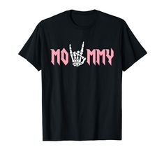 a black t - shirt with the word mom written in pink ink and a peace sign