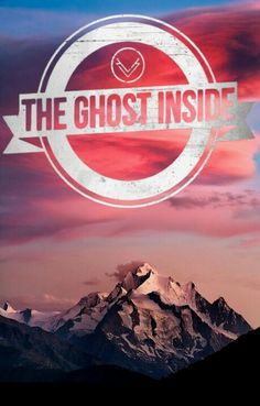 the ghost inside poster with mountains in the background and red clouds above it that reads,