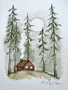 Folklore Watercolor Painting, Mountain Scene Watercolor, Simple Nature Watercolor, Camping Watercolor Painting, Watercolor Inspo Aesthetic, Watercolor Landscape Art, Mini Christmas Watercolor Paintings, Creative Watercolor Paintings Ideas, Fun Watercolor Paintings