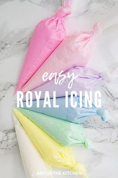 the easy royal icing recipe is shown in five different colors