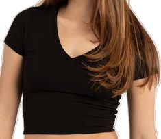 Trendy Seamless V-neck Top, Black Seamless V-neck Top, Basic V-neck Stretch Crop Top, Casual V-neck Stretch Crop Top, Casual Stretch V-neck Crop Top, Black Tee, Rib Knit, Womens Tees, Short Sleeves