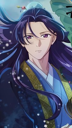 an anime character with long purple hair and blue eyes, standing in front of snow