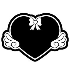 a heart with angel wings and a bow on it's side, in black and white