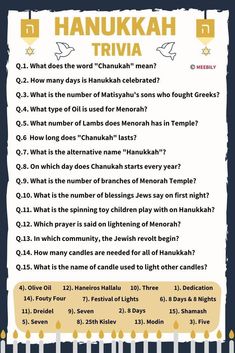 a poster with the words hanukkah trivia written in different languages on it