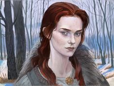 a painting of a woman with red hair and blue eyes standing in the snow near trees