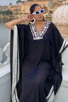 Shop for Sureena Chowdhri Black Silk Muslin Mirror Embroidered Kaftan for Women Online at Aza Fashions Black Kaftan With Dabka Work For Eid, Black Dabka Work Kaftan For Eid, Eid Black Kaftan With Dabka Work, Bollywood Style Black Kaftan With Dabka, Black Bollywood Kaftan With Dabka, Bollywood Black Kaftan For Party, Black Bollywood Kaftan For Party, Black Maxi Length Kaftan With Dabka, Black Kaftan With Dabka Work For Festive Occasions