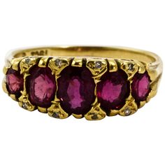 This breathtaking antique Ruby and Diamond ring is Victorian, Circa 1880. The ring is adorned with five wonderful rubies with lovely rose cut diamond points. All set in a beautiful 18ct Yellow Gold Victorian gallery. A truly stunning antique ring that would make a fabulous family heirloom. Ring Size : K 1/2 or 5 1/2 Antique Ruby Ring With Prong Setting, Antique Multi-stone Ruby Ring, Antique Ruby Ring With Single Cut Diamonds, Antique Ruby Rings With Single Cut Diamonds, Antique Ruby Diamond Ring Hallmarked, Vintage Multi-stone Ruby Ring, Victorian Ruby Ring With Single Cut Diamonds, Antique Ruby Ring With Rose Cut Diamonds, Vintage Ruby Multi-stone Rings