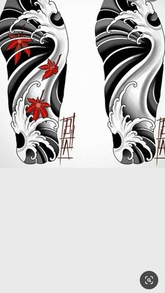 the back side of a pair of leg tattoos with red flowers on white and black background